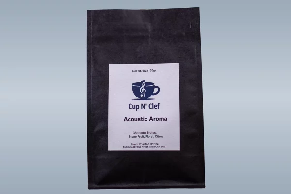 Cup N' Clef Acoustic Aroma coffee bag, featuring notes of stone fruit, floral, and citrus, distributed by Cup N' Clef in Reston, VA.