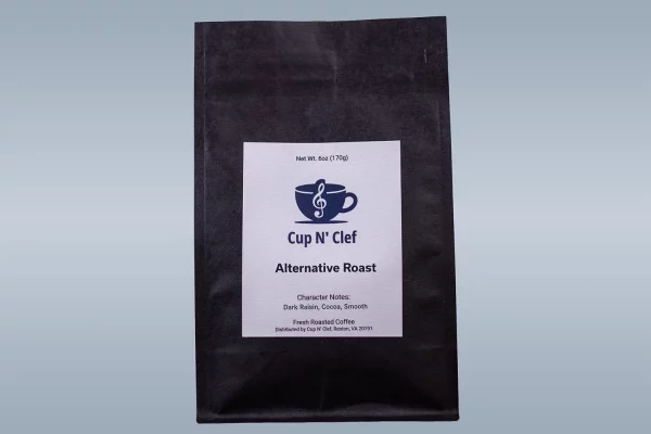 Cup N' Clef Alternative Roast coffee bag, featuring dark raisin, cocoa, and smooth character notes, distributed by Cup N' Clef, Reston, VA.