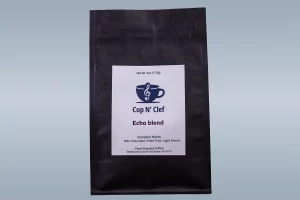 Cup N' Clef Echo Blend coffee bag, showcasing character notes of milk chocolate, dried fruit, and light smoke, distributed by Cup N' Clef, Reston, VA.