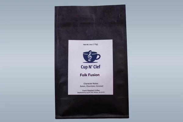 Cup N' Clef Folk Fusion coffee bag, showcasing character notes of raisin, chocolate, and caramel.
