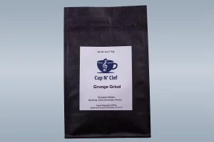 Cup N' Clef Grunge Grind coffee bag featuring big body, dark chocolate, and smoky notes.